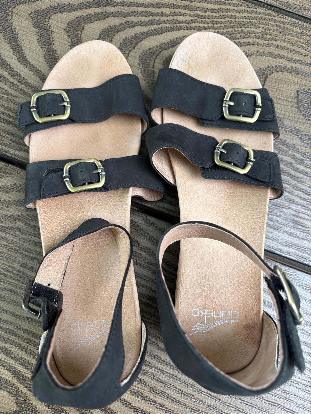 Dansko Black Leather Double-Buckle Sandals with Beige Footbed